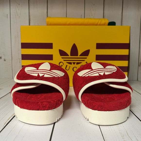 Gucci X Adidas Terry Cloth GG Monogram Platform Slide Sandals Red Sz 36 / 6